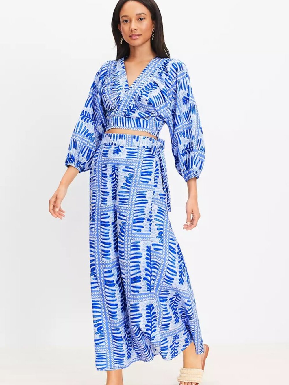 XS Petite Wrap Top 100% Cotton Resort Mediterranean Fern Print Cerulean Blue